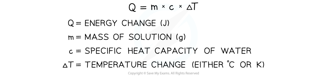 Q=mcT Equation for calculating energy transferred in a calorimeter, hydration enthalpies and enthalpy of solution, downloadable IB Chemistry revision notes